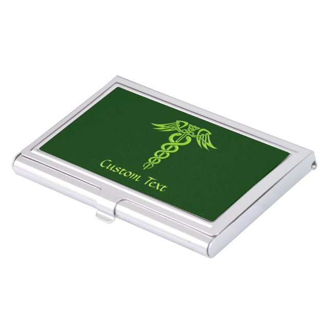 Green Celtic Knot Caduceus Business Card Case (Front)