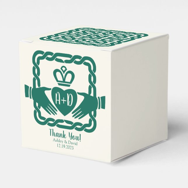 Green Celtic Knot Claddagh Irish Wedding Thank You Favor Boxes (Front Side)