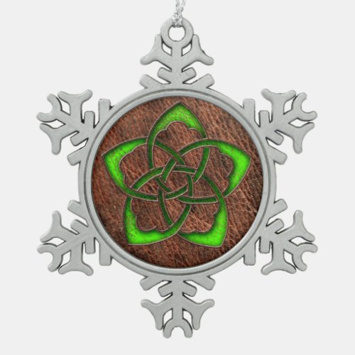 Green celtic knot flower on genuine leather
