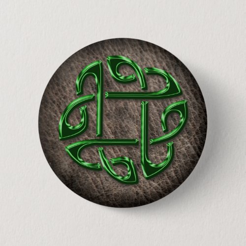 Green celtic knot on genuine leather pinback button