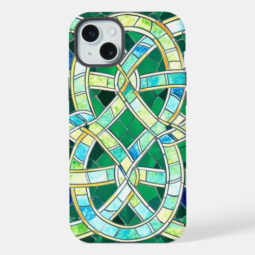 Green Celtic Knot Stone Mosaic iPhone 15 Plus Case