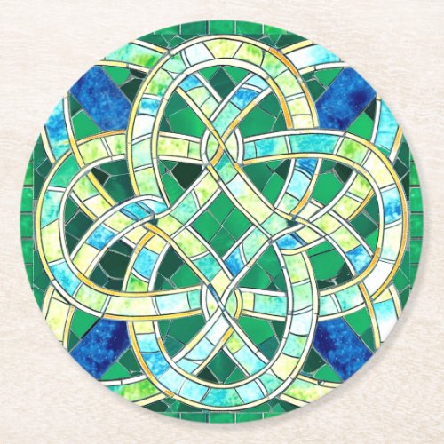 Green Celtic Knot Stone Mosaic Round Paper Coaster