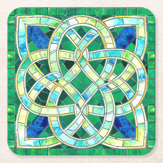 Green Celtic Knot Stone Mosaic Square Paper Coaster