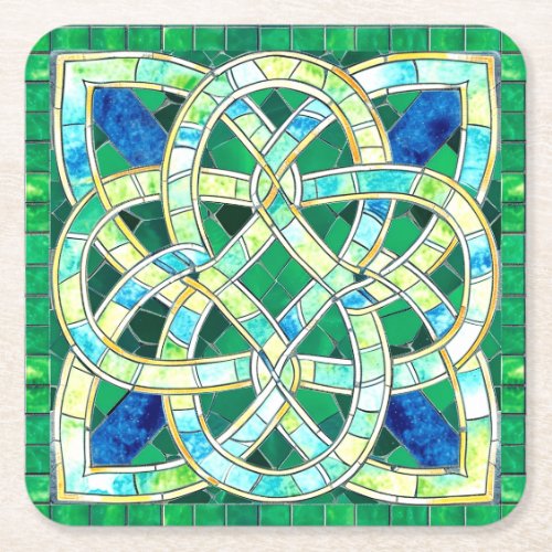 Green Celtic Knot Stone Mosaic Square Paper Coaster