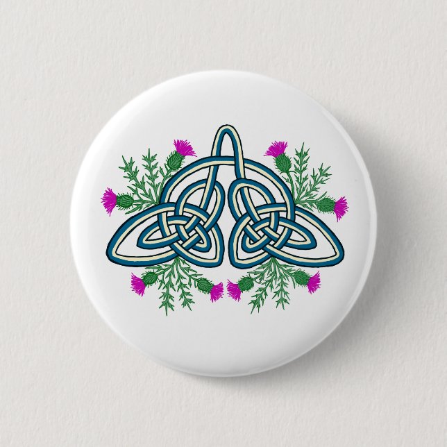 Green Celtic Knot with Purple Scottish Thistles Button (Front)