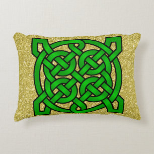 Green Celtic Knots Gold Faux Glitter Decorative Pillow