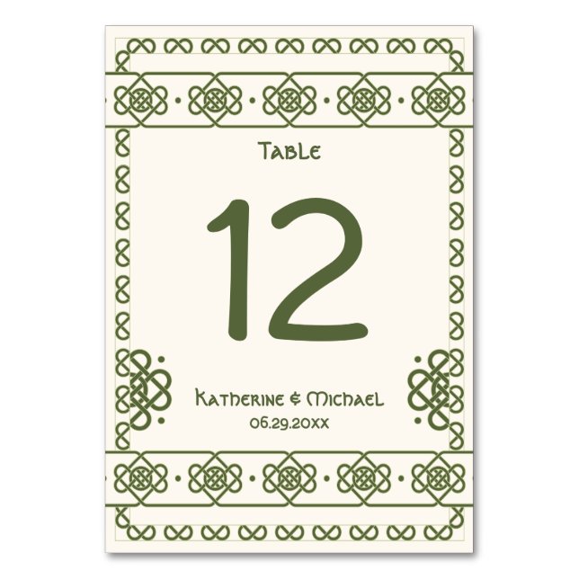 Green Celtic Knots Wedding Table Numbers (Front)