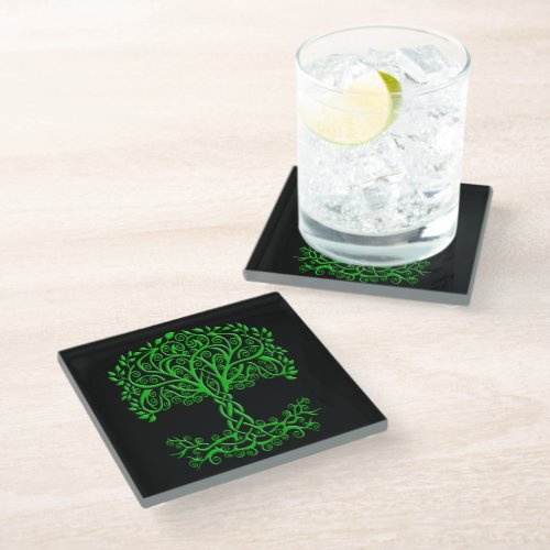 Green Celtic Tree Of Life Glass Coaster