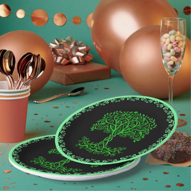 Green Celtic Tree Of Life Paper Plates (Multi)