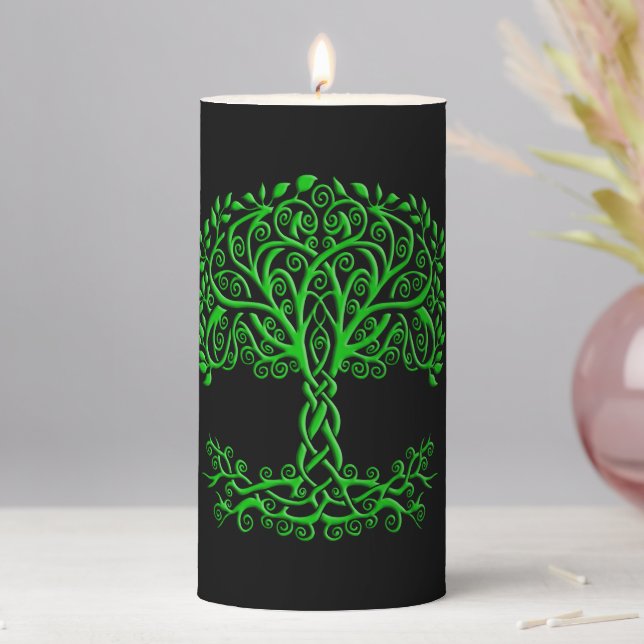 Green Celtic Tree Of Life Pillar Candle (In Situ)
