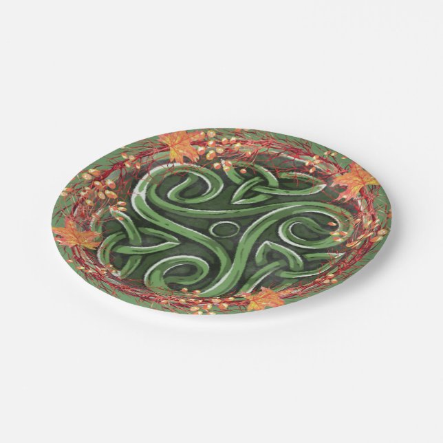 Green Celtic Triskelion Mabon Harvest Party Paper Plates (Angled)