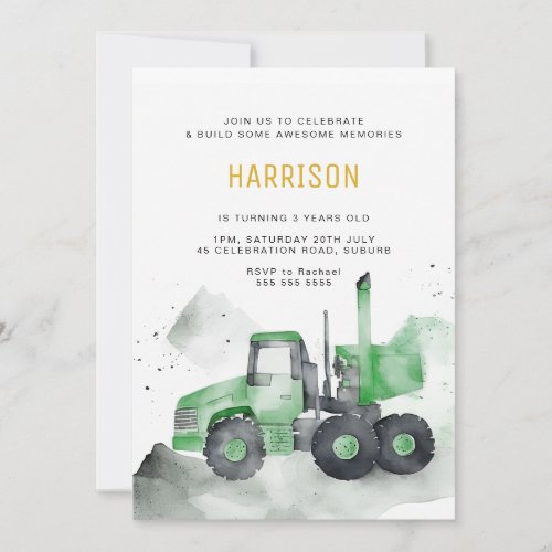 Green Cement Truck Birthday Invitation