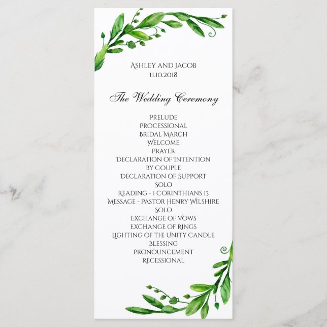 Green ceremony program. Garden wedding. Greenery Program (Front)