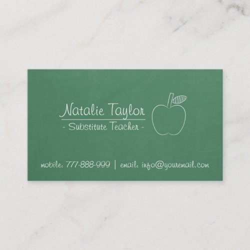 Green Chalkboard Apple Substitute Teacher Tutor Business Card