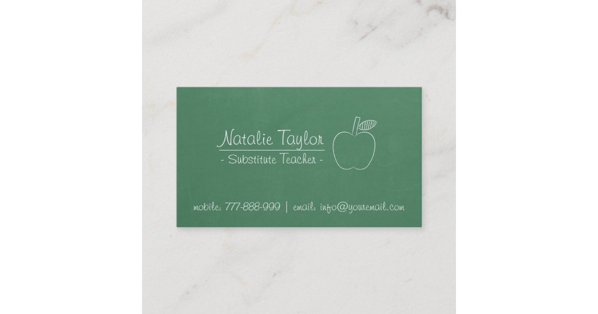 Green Chalkboard Apple Substitute Teacher Tutor Business Card | Zazzle