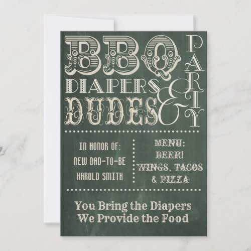 Green Chalkboard BBQ Diapers and DUDES Baby Shower Invitation
