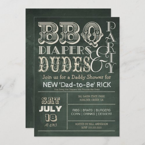 Green Chalkboard BBQ Diapers  DUDES Baby Shower Invitation