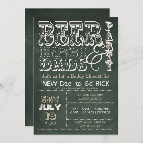 Green Chalkboard BEER Diapers  DADS Baby Shower Invitation