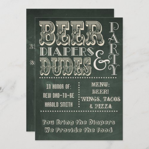 Green Chalkboard Beer Diapers  DUDES Baby Shower Invitation