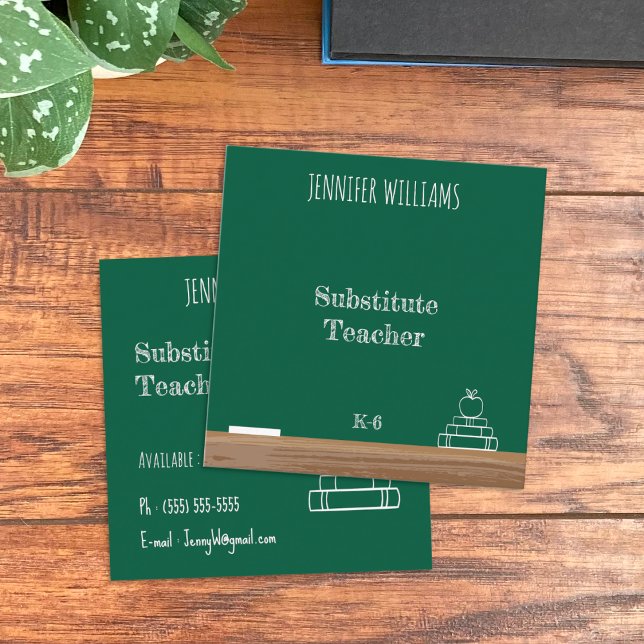 Green Chalkboard Educator Square Business Card (Green chalkboard substitute teacher square contact cards.)