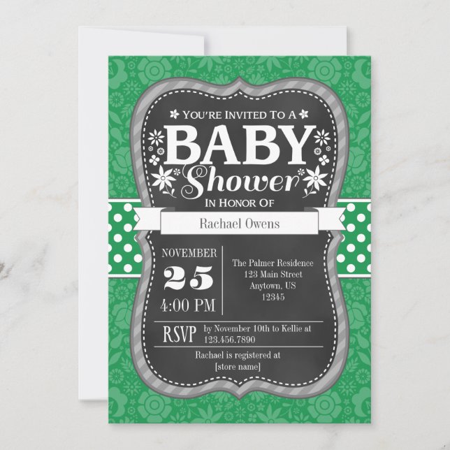 Green Chalkboard Floral Baby Shower Invite (Front)