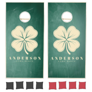 Green Chalkboard Four Leaf Clover with Name Cornhole Set