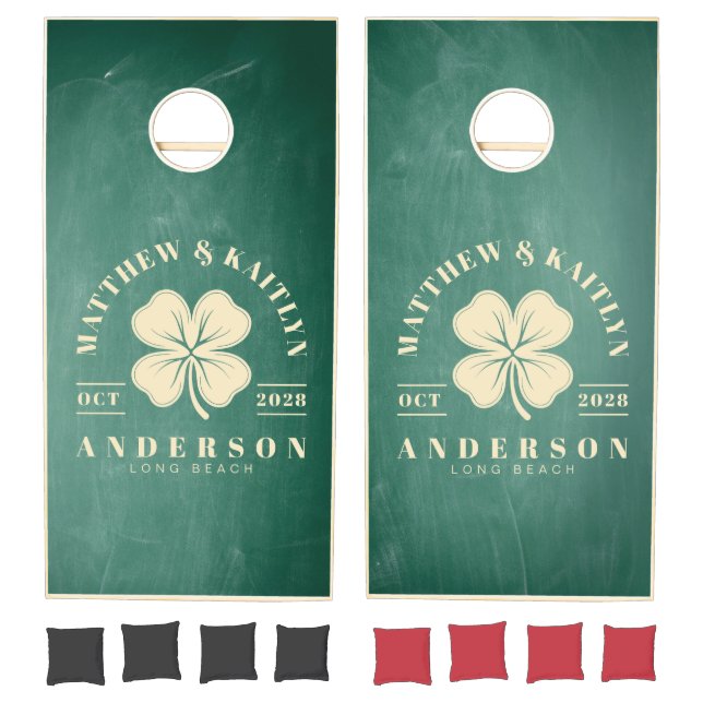 Green Chalkboard Irish Clover Wedding Crest Cornhole Set (Set)