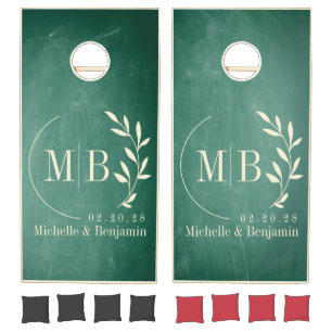 Green Chalkboard Leaf Wedding Monogram Cornhole Set