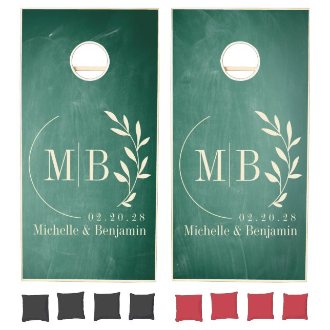 Green Chalkboard Leaf Wedding Monogram Cornhole Set (Set)