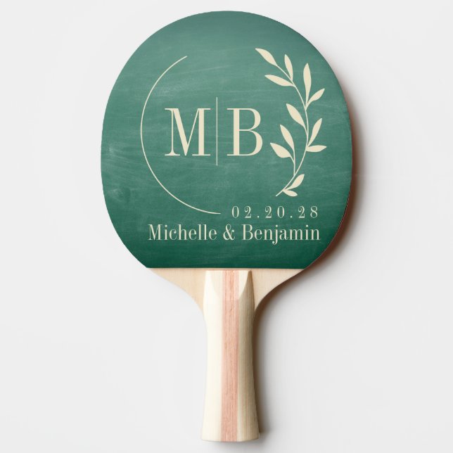 Green Chalkboard Leaf Wedding Monogram Ping Pong Paddle (Back)