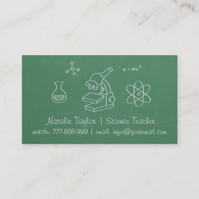Green Chalkboard Science Teacher Business Cards (Front)