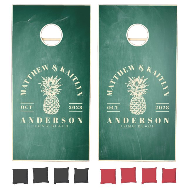 Green Chalkboard Tropical Pineapple Wedding Cornhole Set (Set)