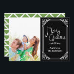 Green Chalkboard Typography Merry Christmas Photo Holiday Card<br><div class="desc">Green Abstract Pattern on Back Family or Couples Photo on Front Christmas Photo Card</div>