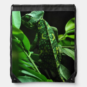 Green Chameleon In Leaves Drawstring Backpack