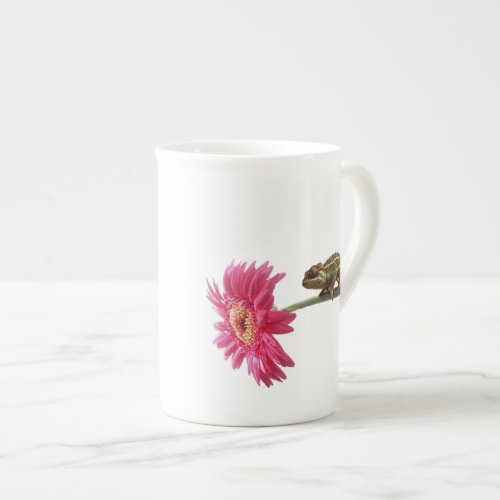 Green chameleon on pink flower bone china mug