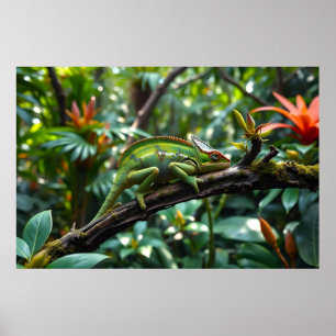 Green Chameleon Surrounded by Lush Foliage Poster