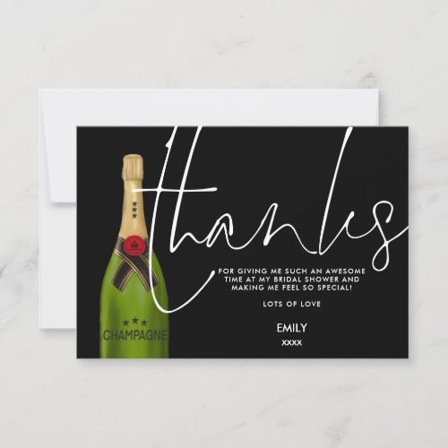 Green Champagne Bottle Script Black Bridal Shower Thank You Card