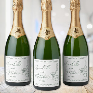 Green Champagne Hand Drawn Wedding Sparkling Wine Label