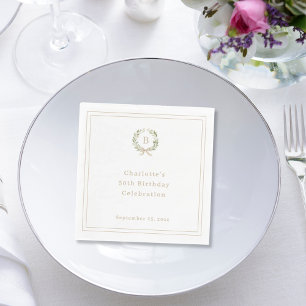 Green champagne monogram wreath birthday luncheon napkins