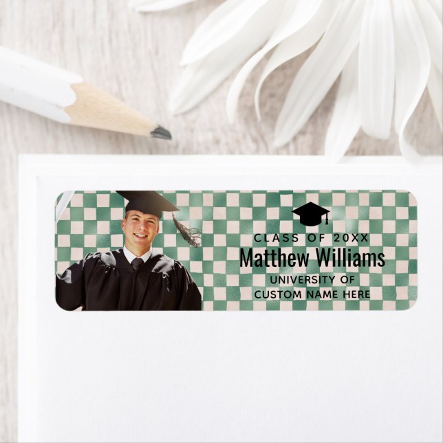 Green Check Custom Photo Graduation Return Address Label (Insitu)