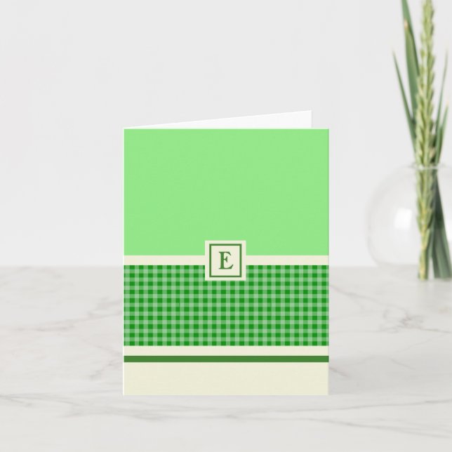 Green Check Monogram Folded Note Card (Front)