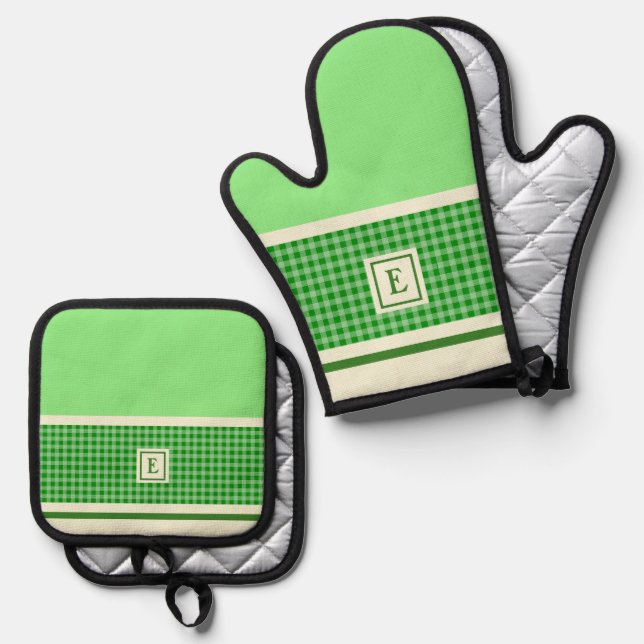 Green Check Monogram Oven Mitt & Pot Holder Set (Front/Back)