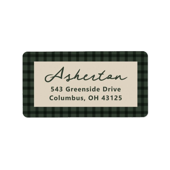 Green check plaid frame holiday return address label (Front)