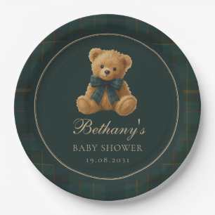 Green Check Polo Teddy Bear Baby Shower Paper Plates