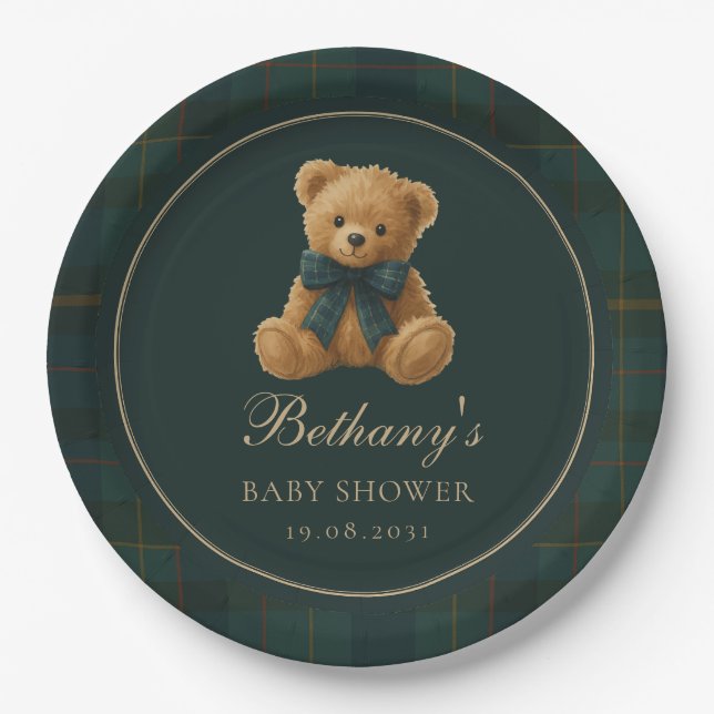 Green Check Polo Teddy Bear Baby Shower Paper Plates (Front)