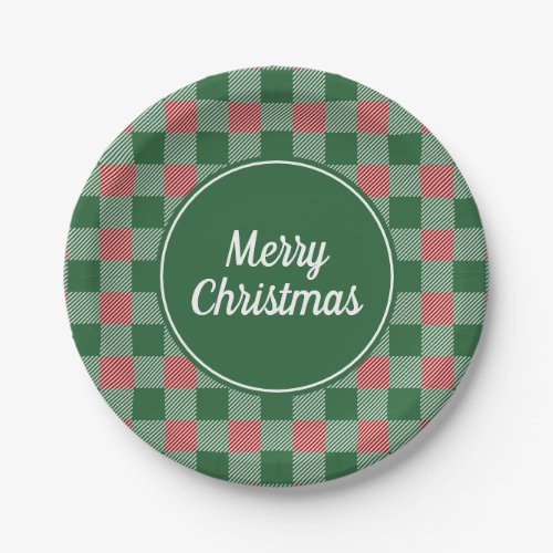 Green Checked Buffalo Plaid Merry Christmas Paper Plates