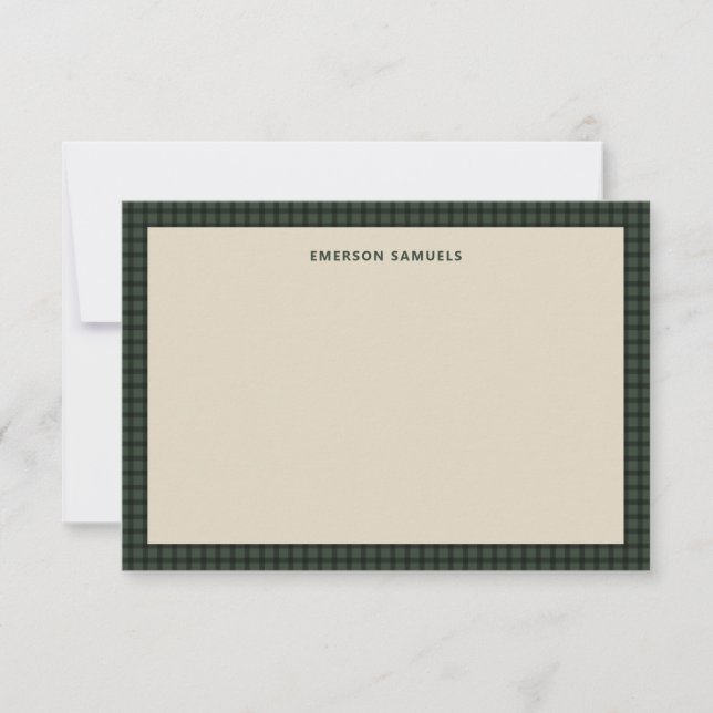Green checked frame simple classic personalized note card (Front)
