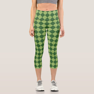 Green Checker Diamond Pattern Capri Leggings