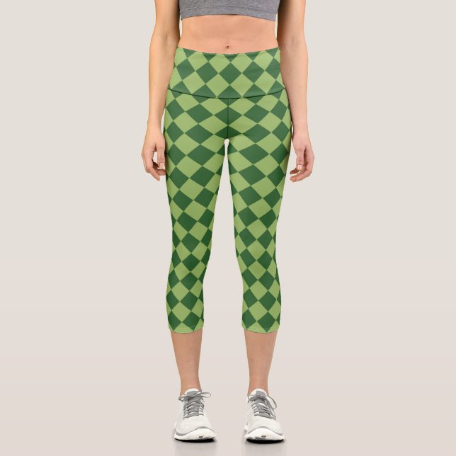 Green Checker Diamond Pattern  Capri Leggings (Front)