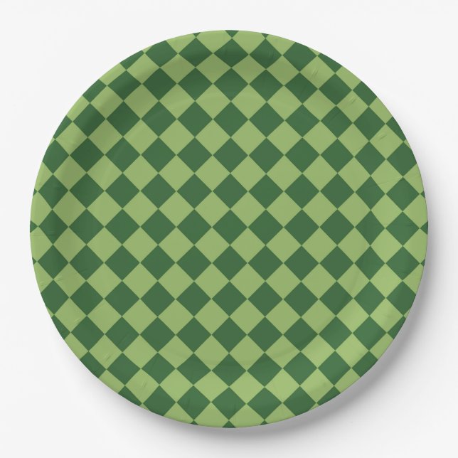 Green Checker Diamond Pattern Paper Plates (Front)
